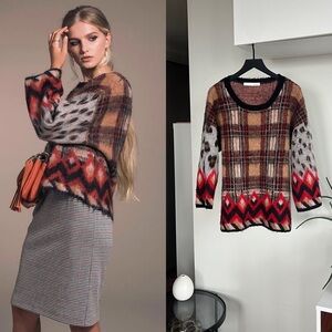 80s OUI Check Textured Knit Vintage Women's Multicolor Patterned Sweater Size 6